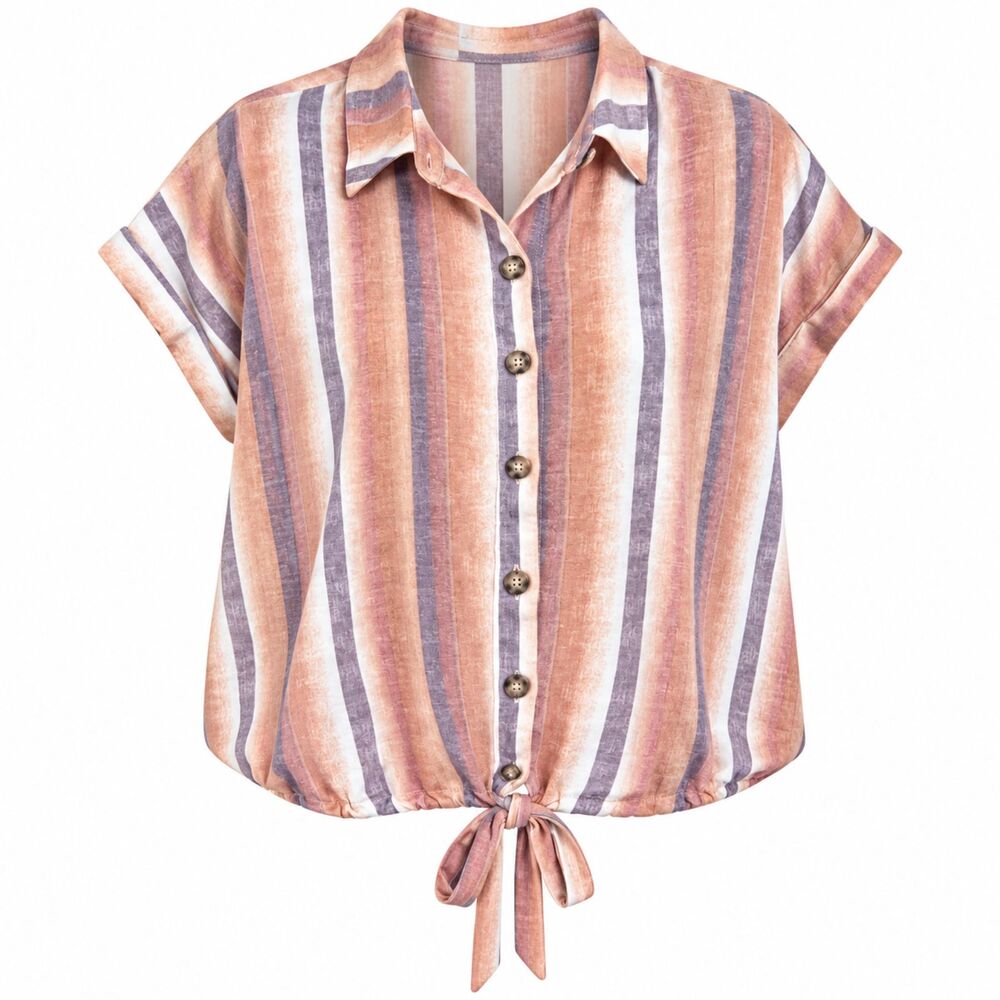 Truself Striped Button Front Casual Everyday Wear Tie Waist Blouse Large